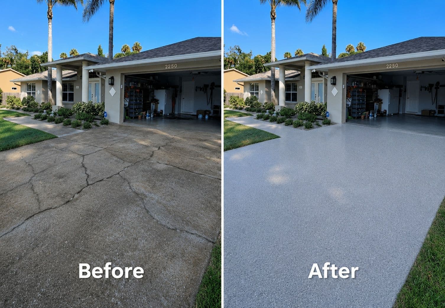 Before and after of a cracked concrete patio transformed with a glossy decorative flake floor coating in Houston, Texas.