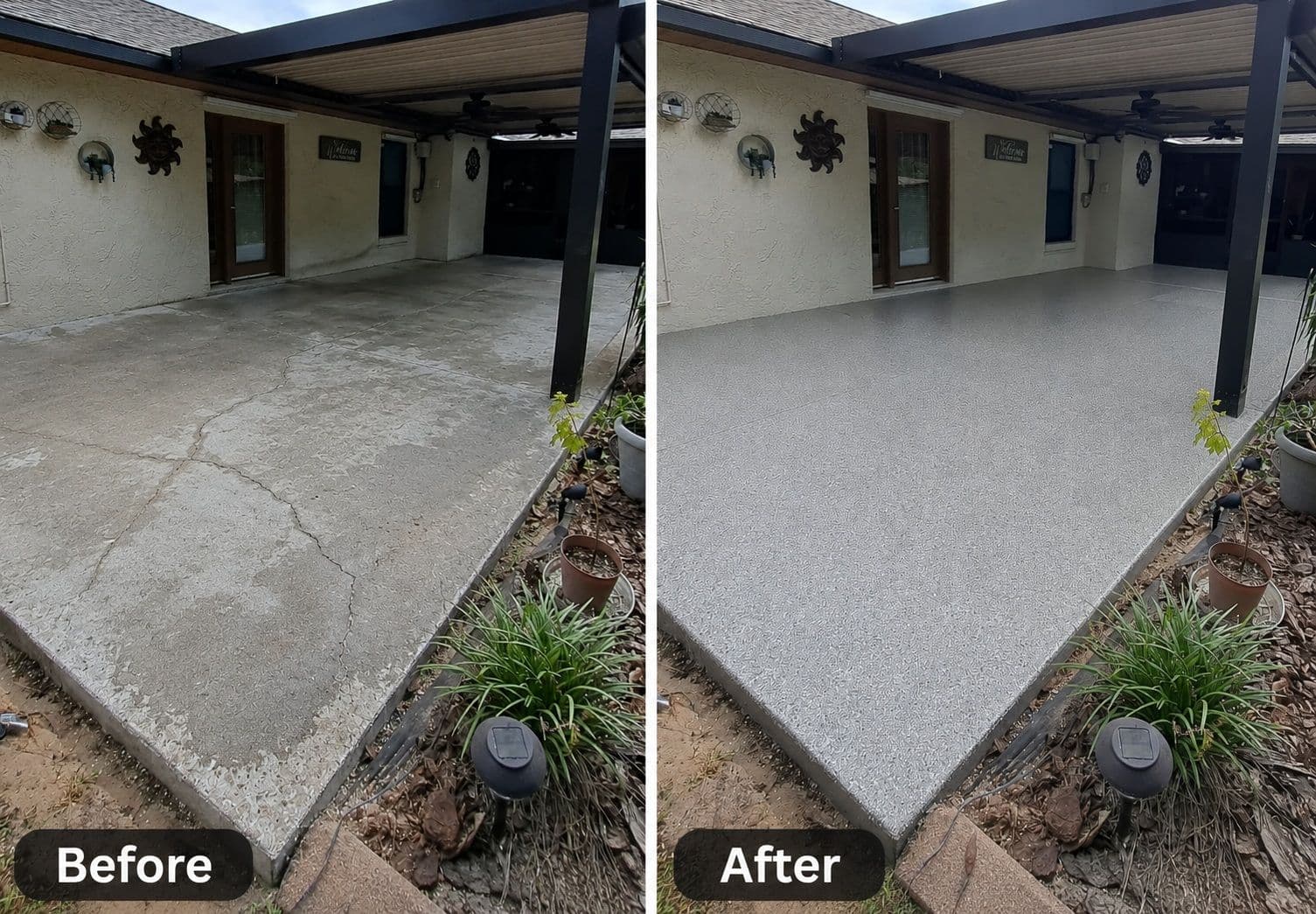 Before-and-after comparison of a covered backyard patio floor, showing a cracked and worn concrete surface on the left labeled “Before” and a clean, polished epoxy-coated floor on the right labeled “After.”