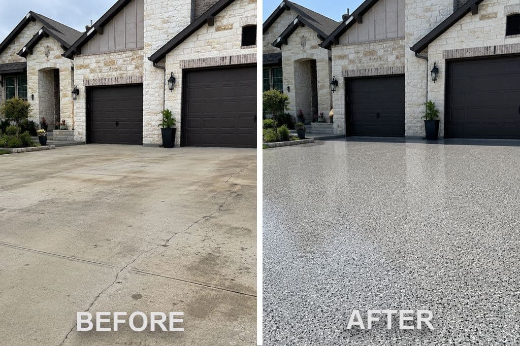 A newly finished concrete driveway featuring a UV-stable polyaspartic coating applied by Floortek Coatings in Houston, Texas.