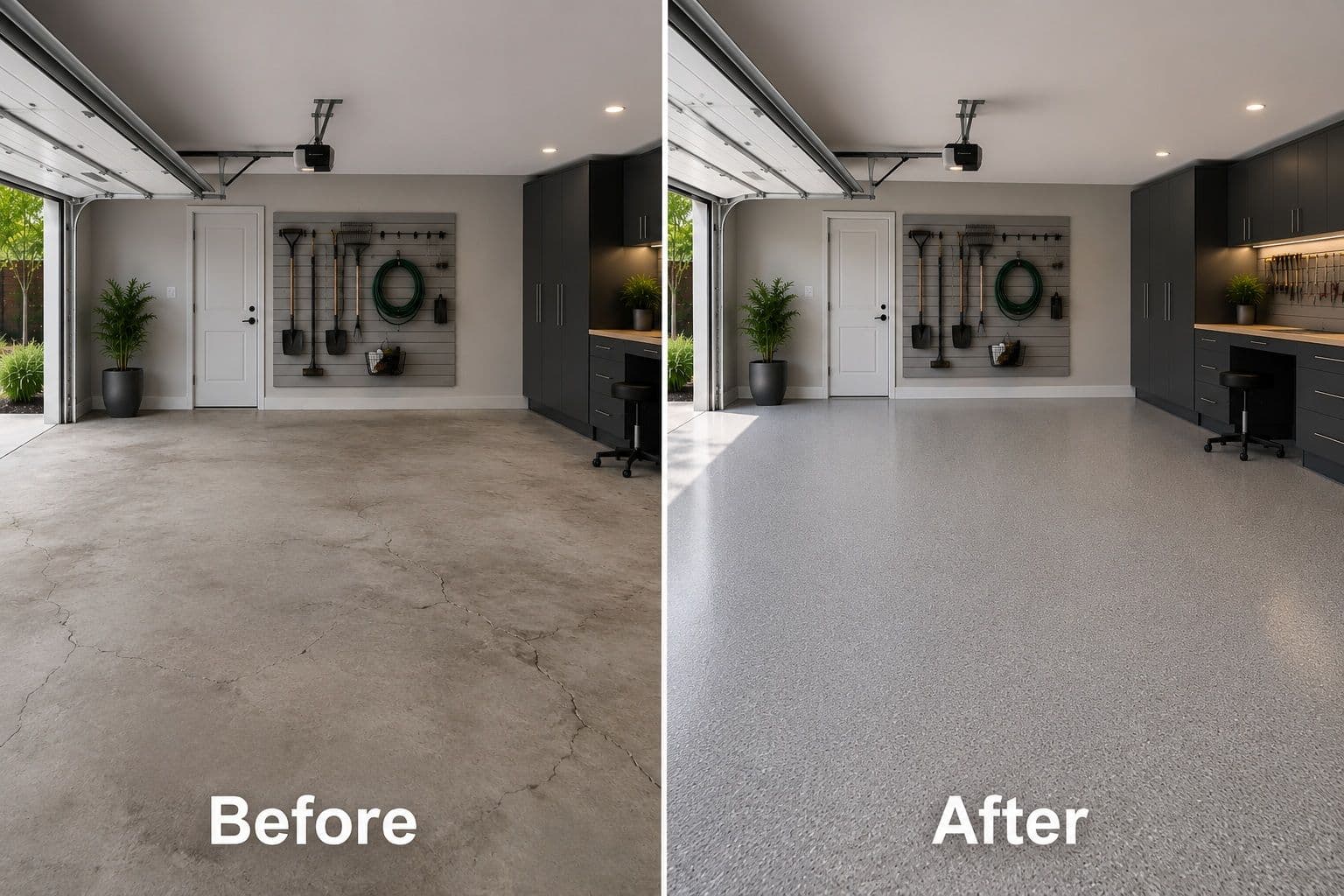 Industrial-grade polyaspartic driveway and garage floor coating installation on a residential concrete slab.