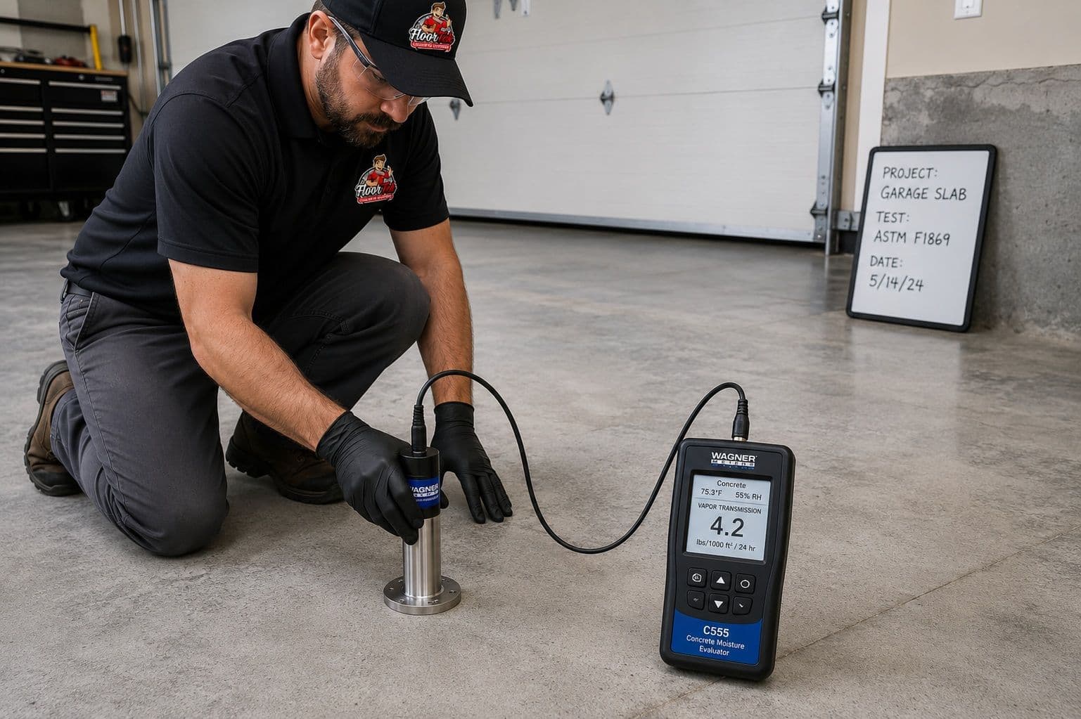 A professional technician measuring concrete moisture vapor transmission rates on a gray garage floor slab using an electronic probe.