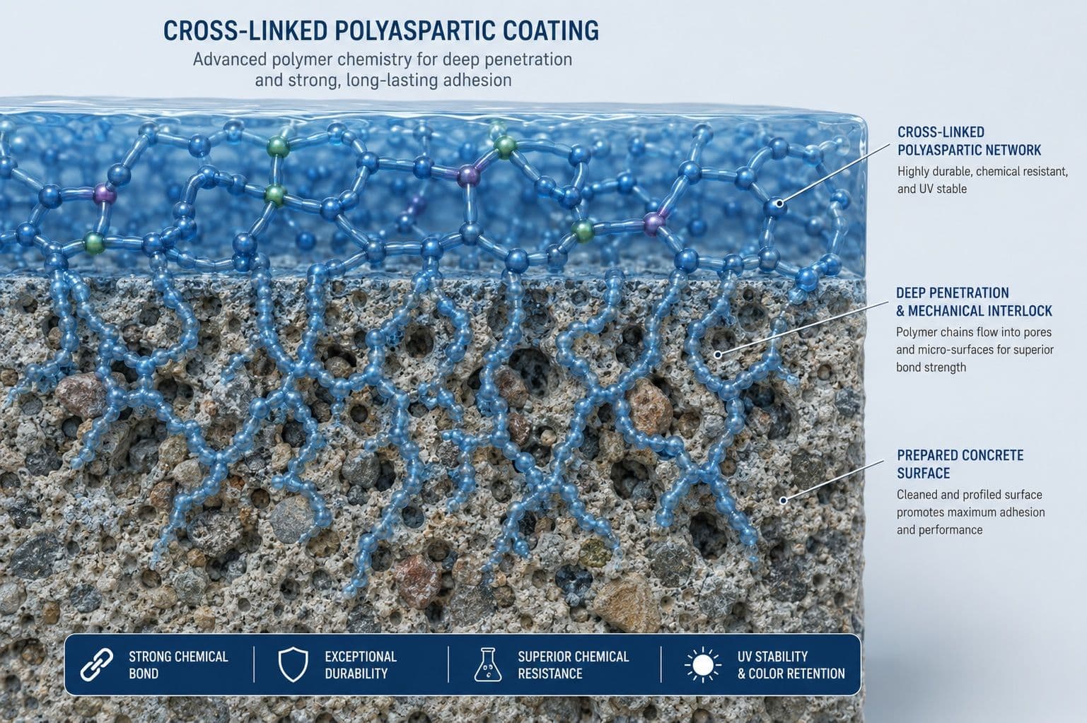 Advanced cross-linked polymer chains of a polyaspartic coating bonding deeply into a prepared concrete slab surface.