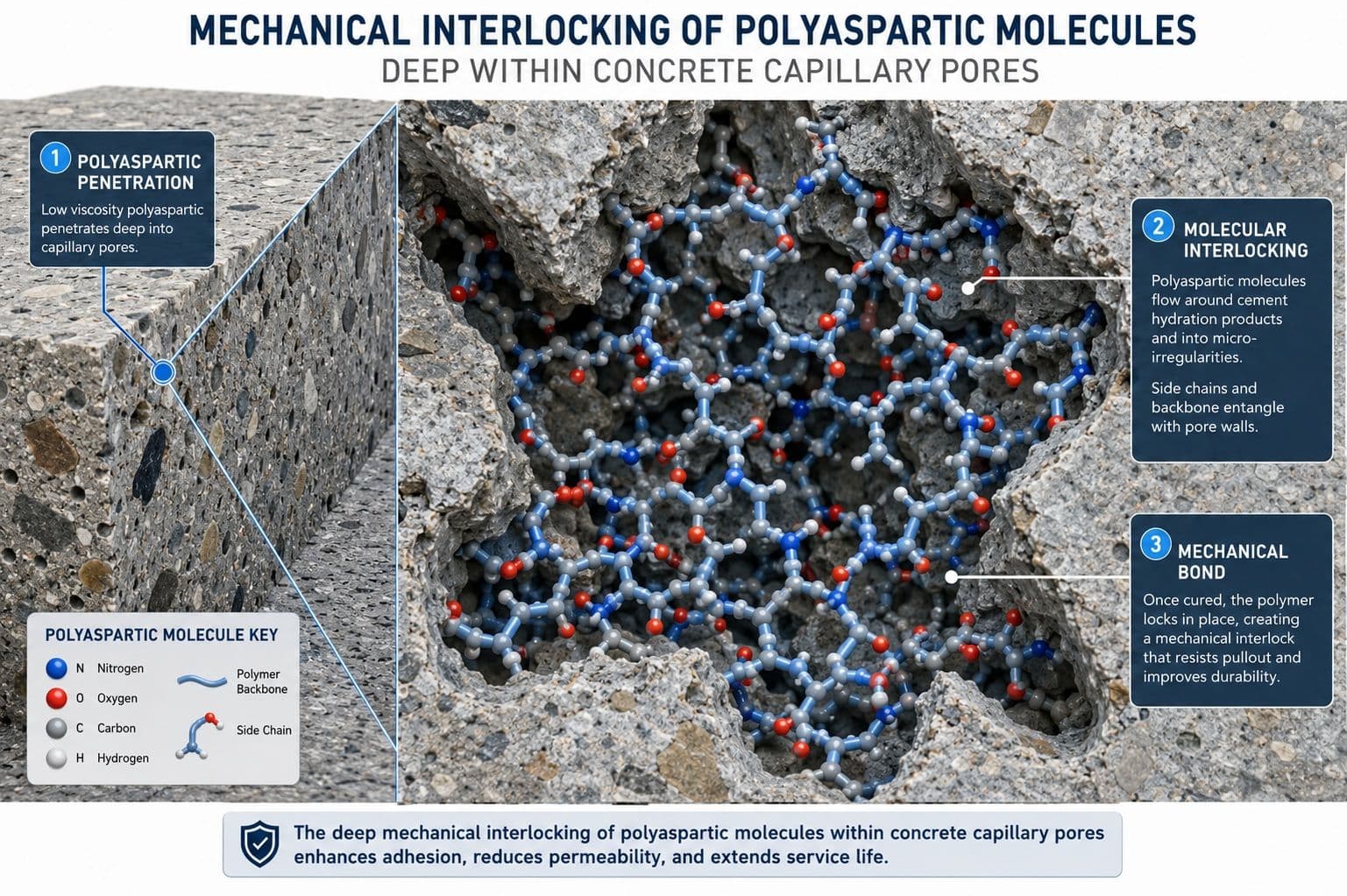 Diagram displaying the mechanical interlocking of polyaspartic molecules deep within concrete capillary pores.