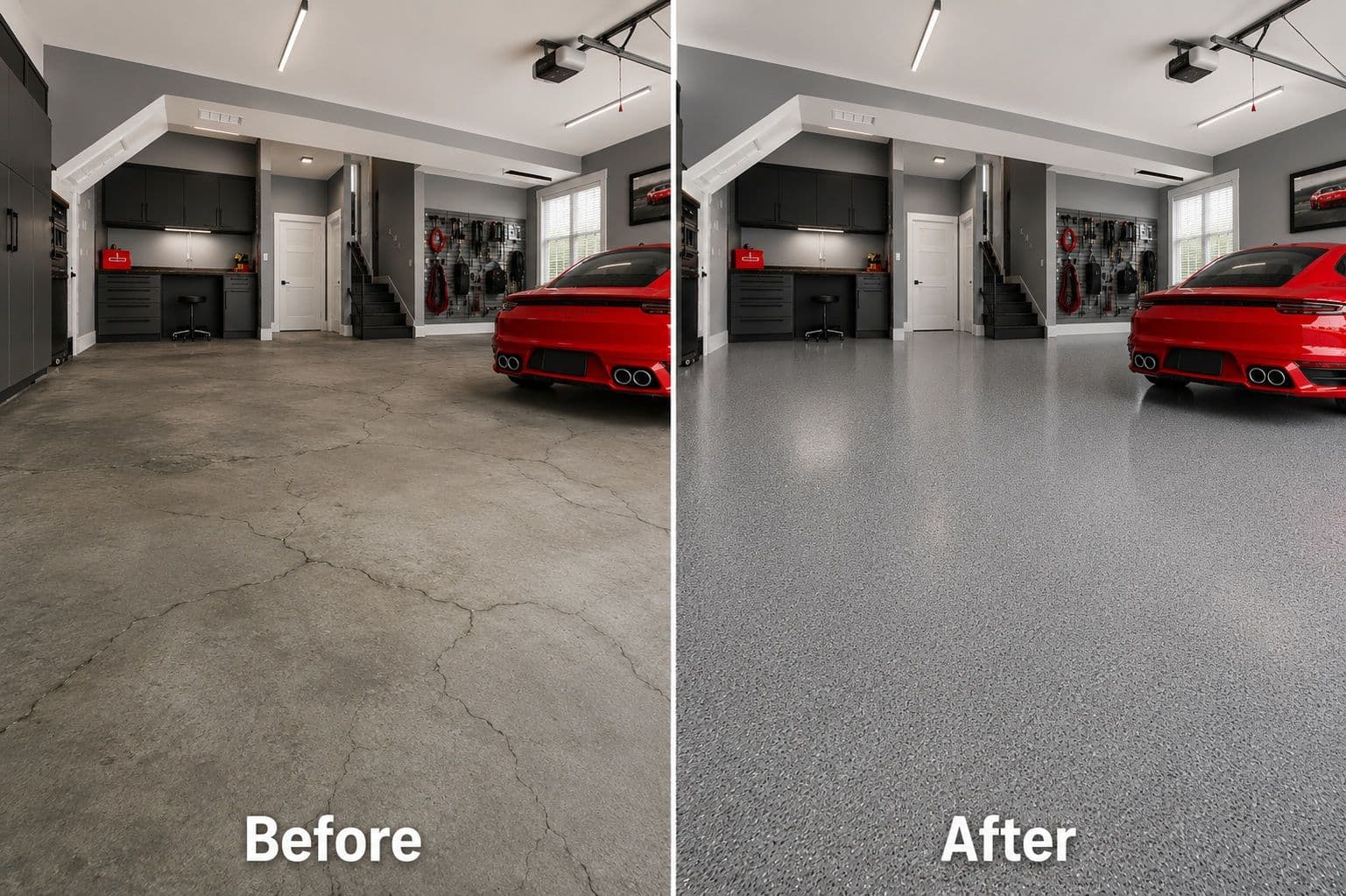 A pristine, premium, full-flake polyurea garage floor coating in a residential home in Houston.