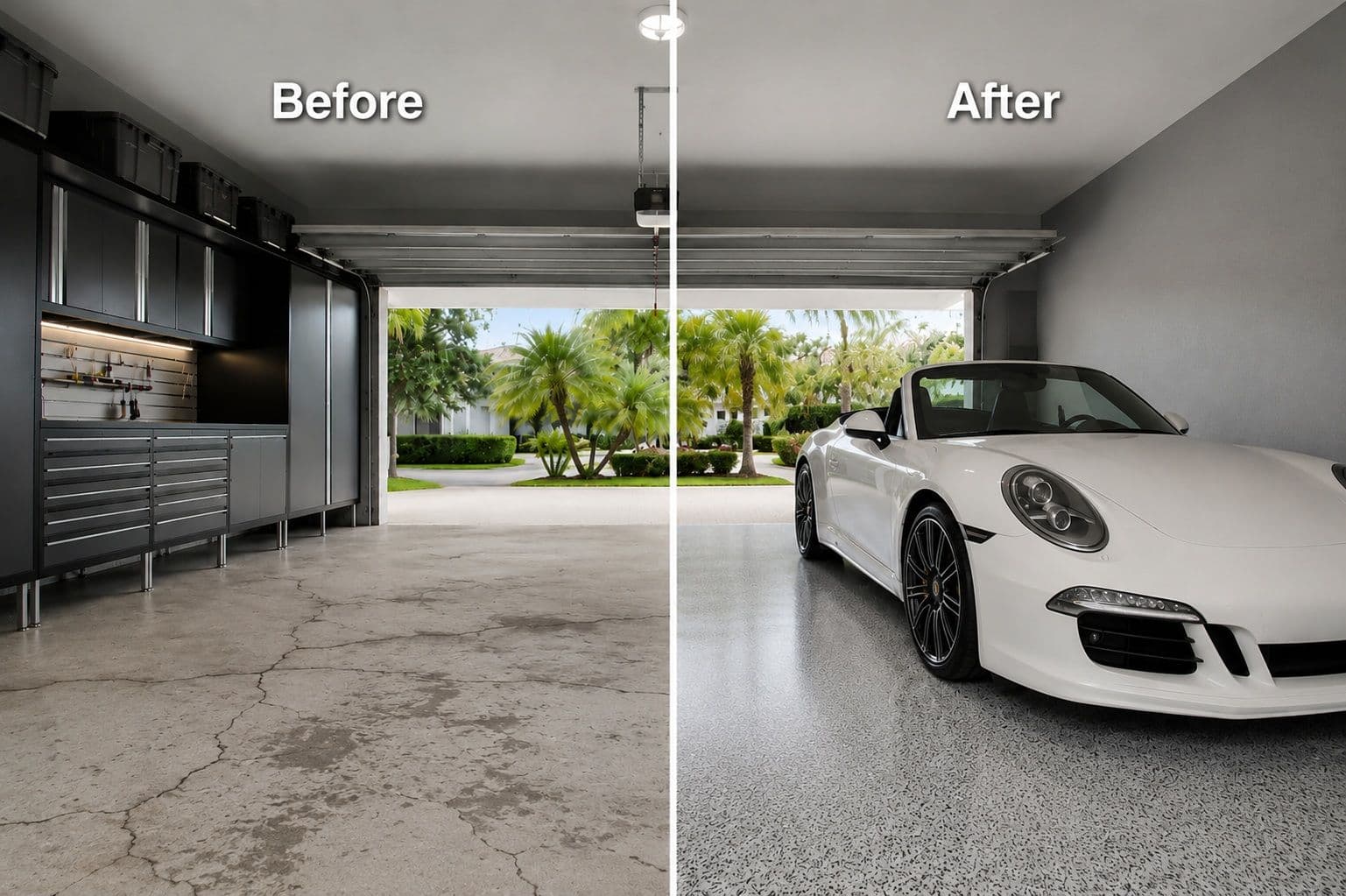 rofessional polyaspartic concrete surface-preparation team applying a highly resistant base coat to a residential garage in Houston, Texas.