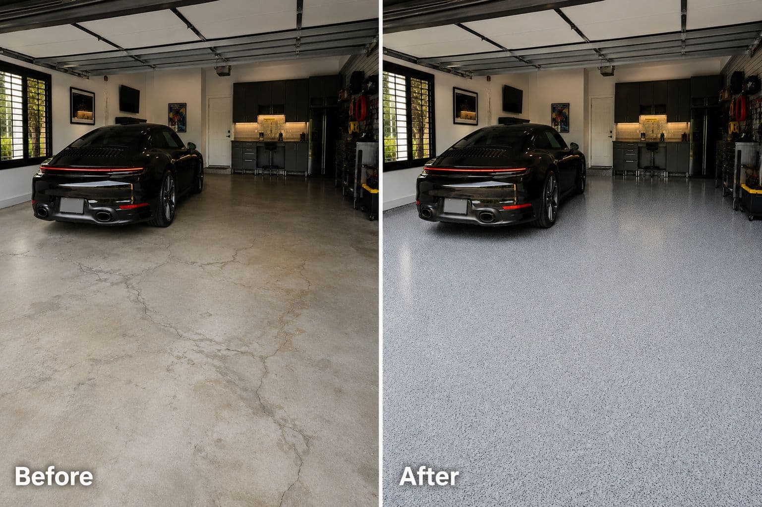 Professional polyaspartic garage floor coating cost in Houston, Texas, applied over a prepared concrete surface.