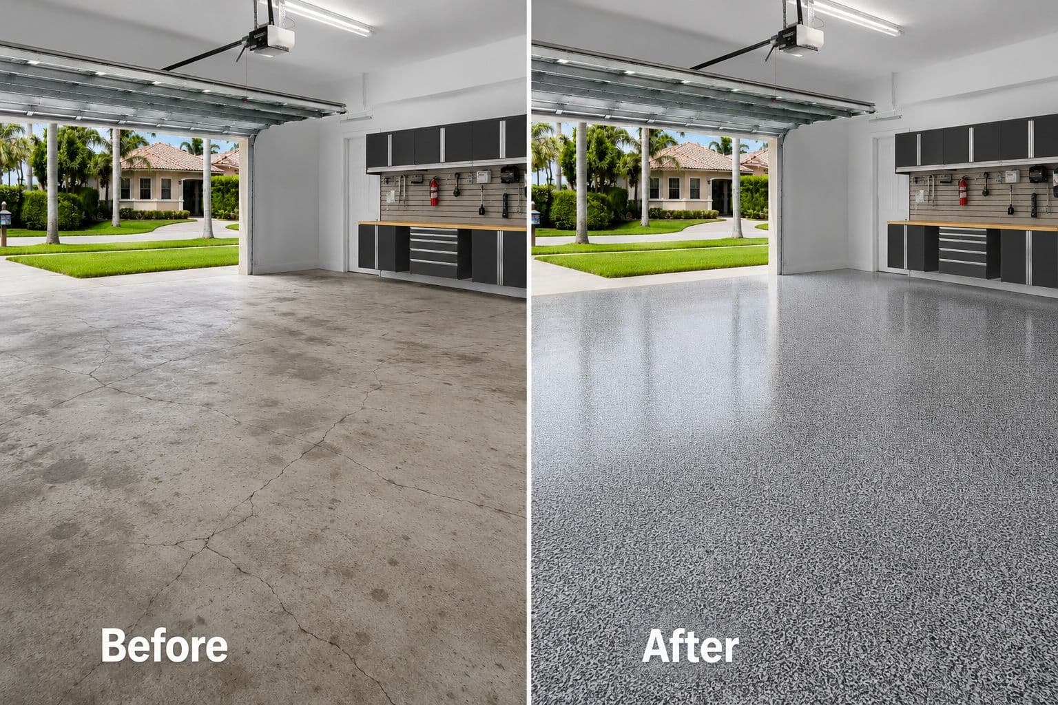Professional polyaspartic garage floor coating installation over concrete in Houston, Texas by Floortek Coatings.