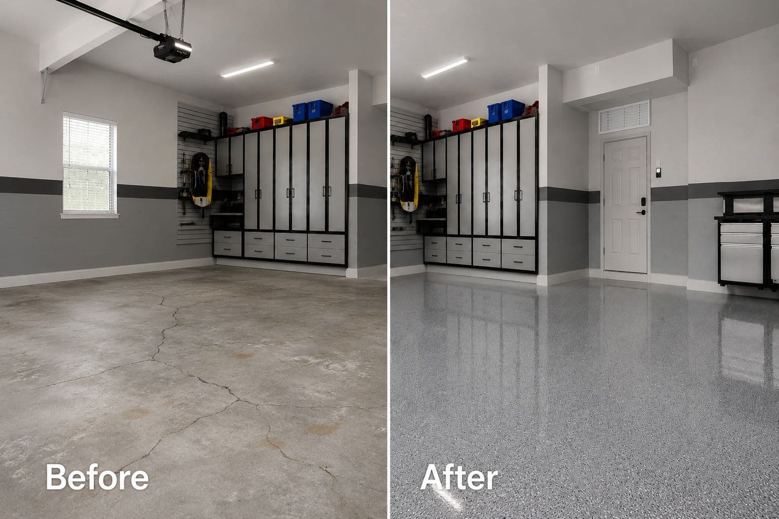 Floortek concrete experts applying a durable UV-stable coating to a residential garage floor in Houston.