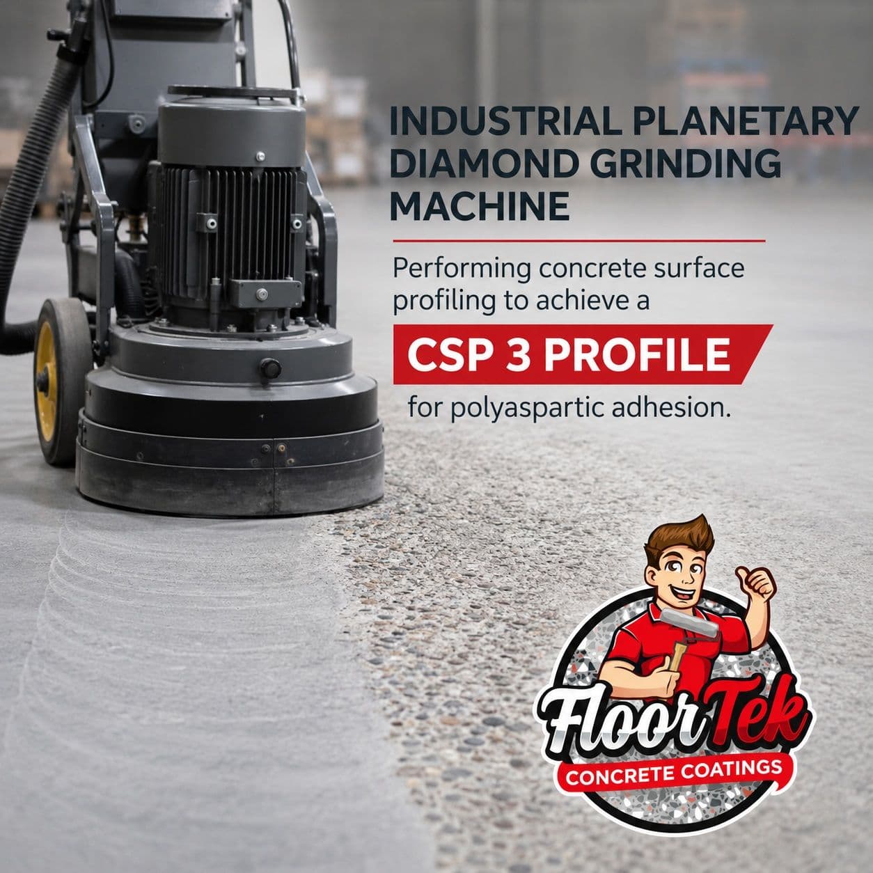 Industrial planetary diamond grinding machine performing concrete surface profiling to achieve a CSP 3 profile for polyaspartic adhesion.
