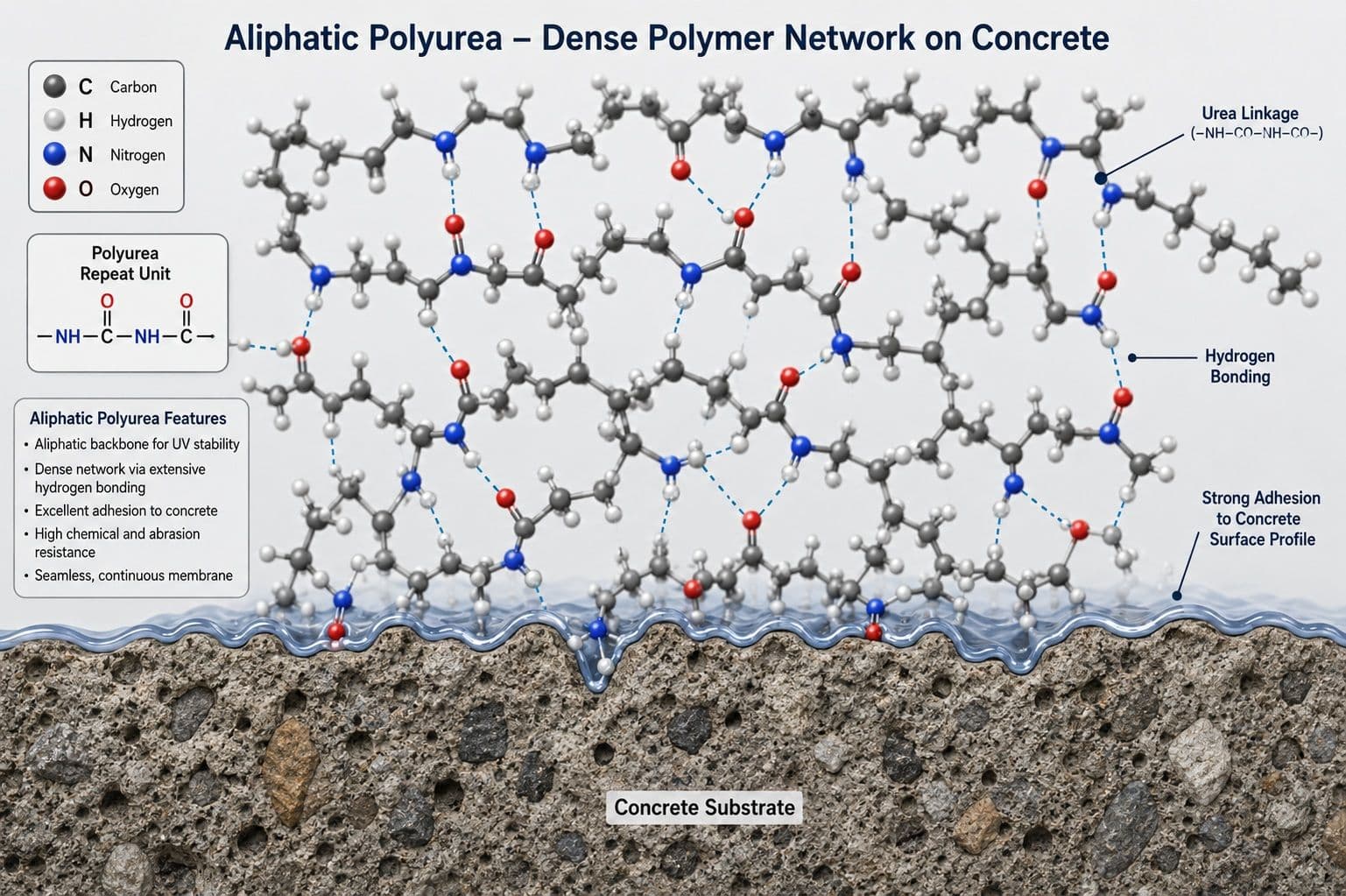 Molecular diagram showing aliphatic polyurea chain links forming a dense polymer network on a concrete surface profile.