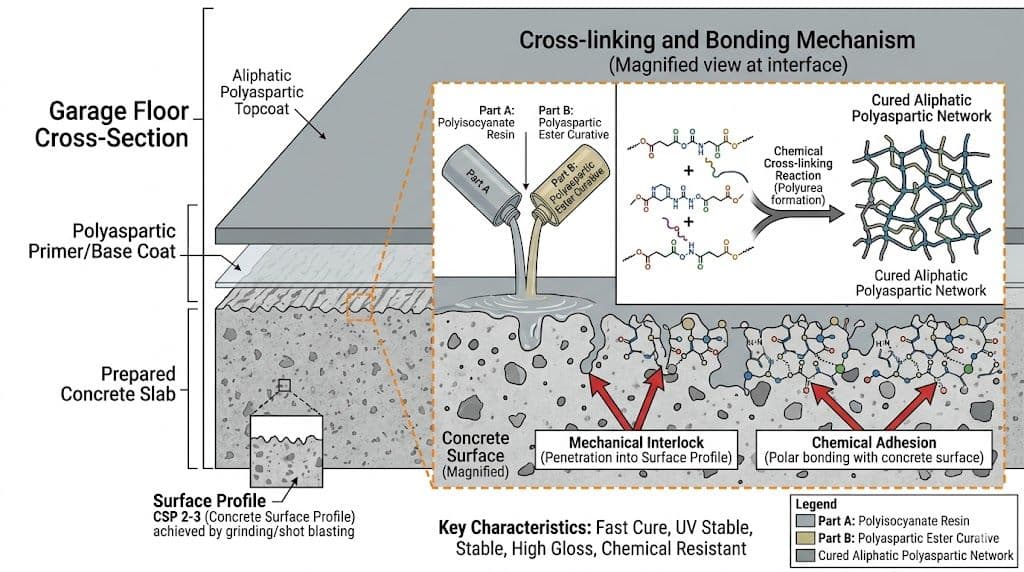 Technical cross-linking process of an aliphatic polyaspartic coating bonding with a prepared concrete garage floor.